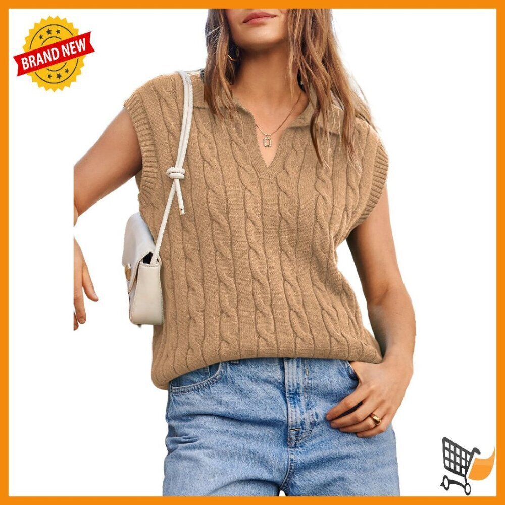 Cable Knit V-Neck Lapel Vest Top - Soft Knit Layering Piece